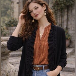 Black Ruffle Trim Knit Cardigan M